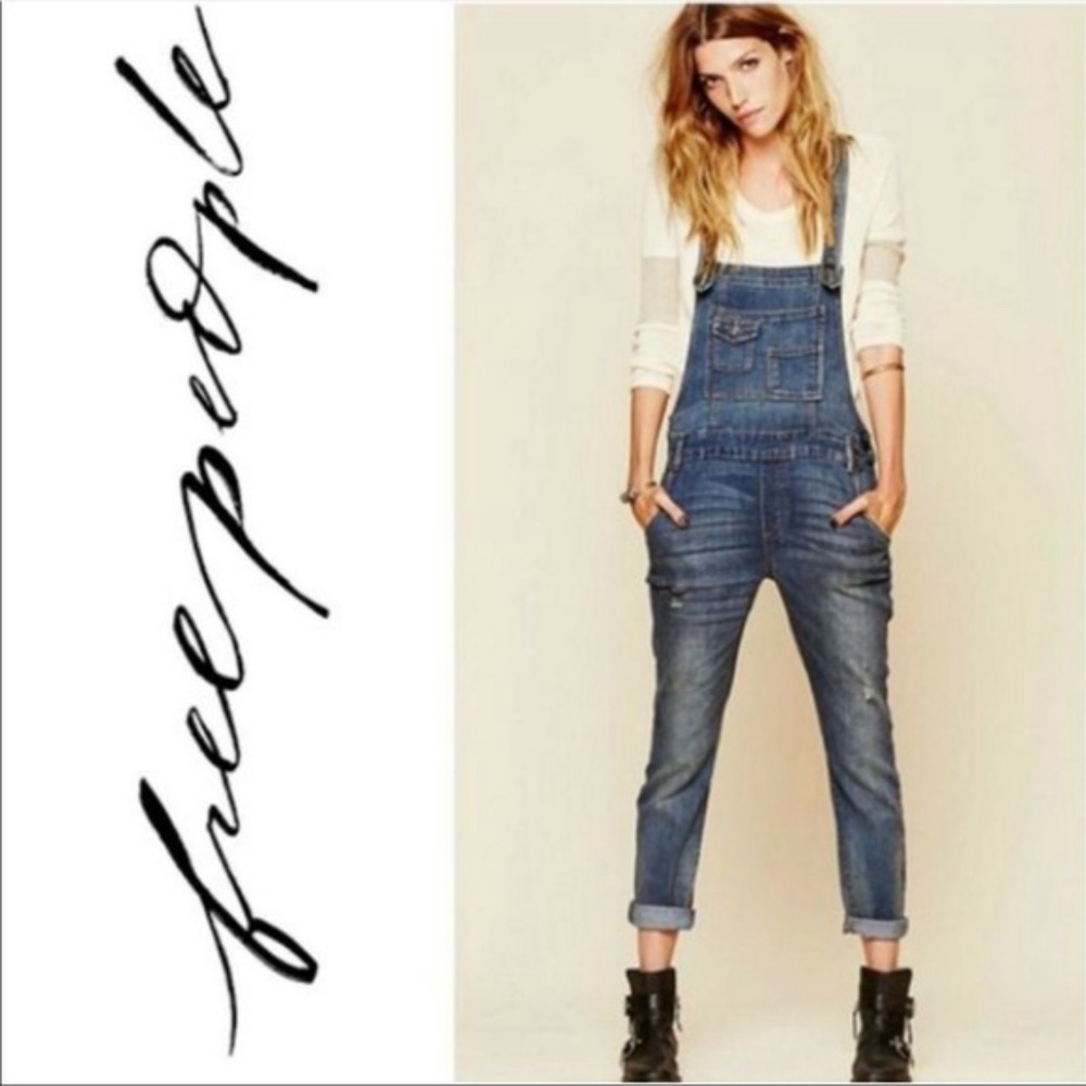 Free People Distressed Blue Denim Overalls Medium Wash